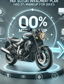 Image of a sleek Suzuki bike with a 0% markup sign, showcasing an affordable installment plan with money and payment symbols.