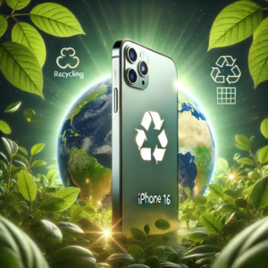 iPhone 16 made with 100% recycled aluminum, symbolizing its eco-friendly design and Apple's commitment to sustainability.