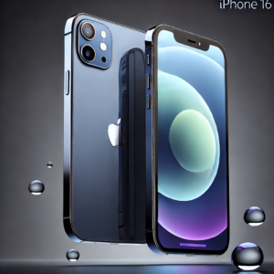 iPhone 16 in Sky Blue and Midnight Purple, showcasing its slim design, stainless steel frame, and water-resistant build.